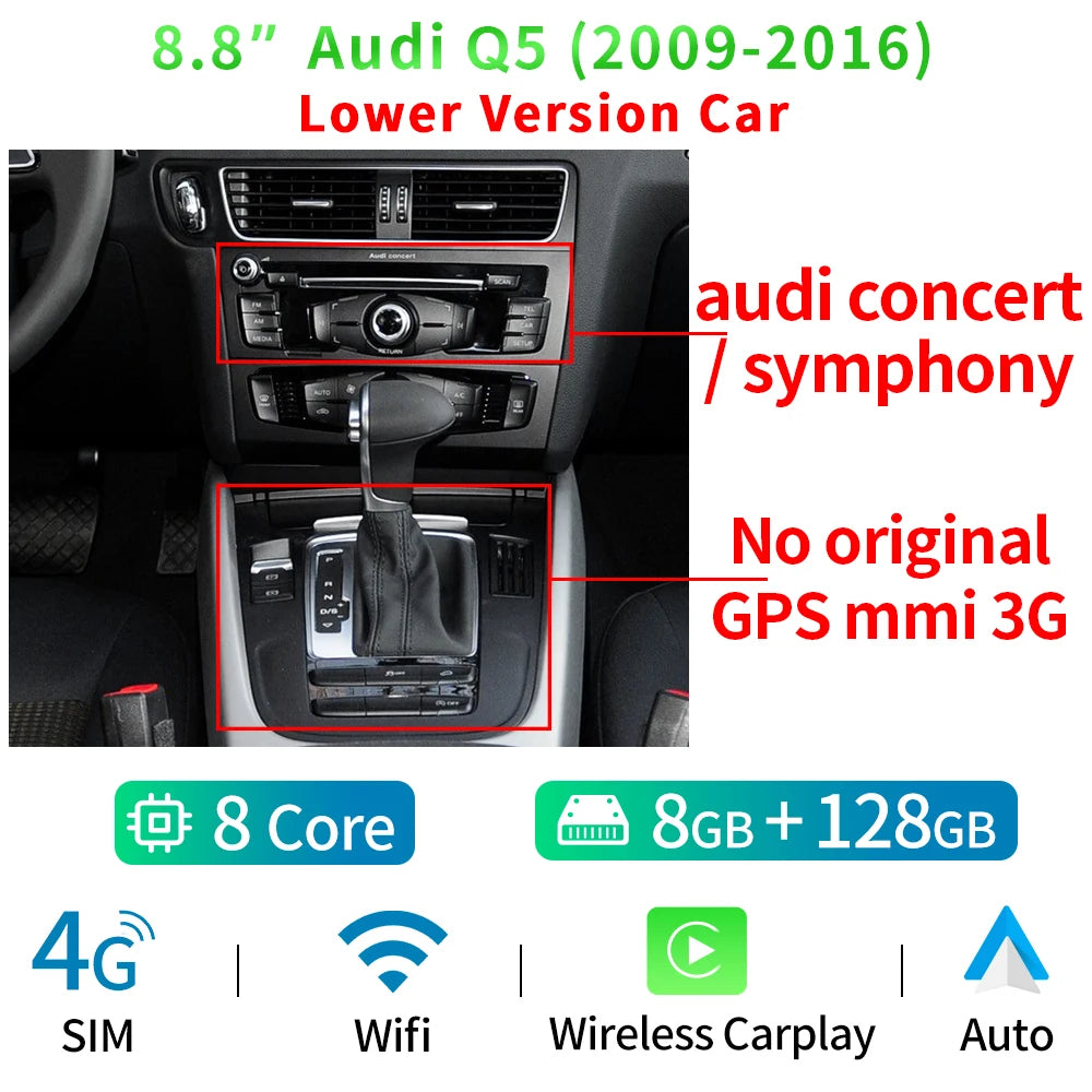8.8 Inch Android 14 Carplay Screen For Audi Q5 2009-2016 BT GPS Navigation Radio WIFI SIM Auto Car Multimedia Stereo