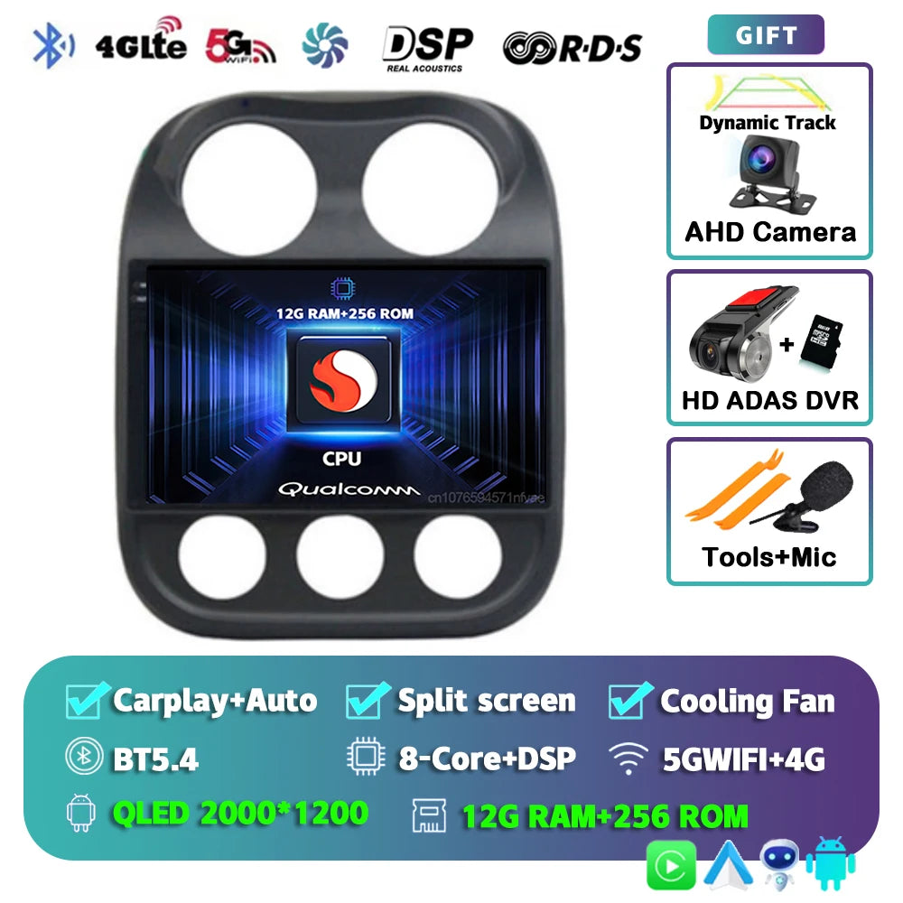 Android 14 For Jeep Compass Patriot 2010- 2016 2K QLED Android Car Radio Multimedia Video Player GPS AI Voice CarPlay Head Unit
