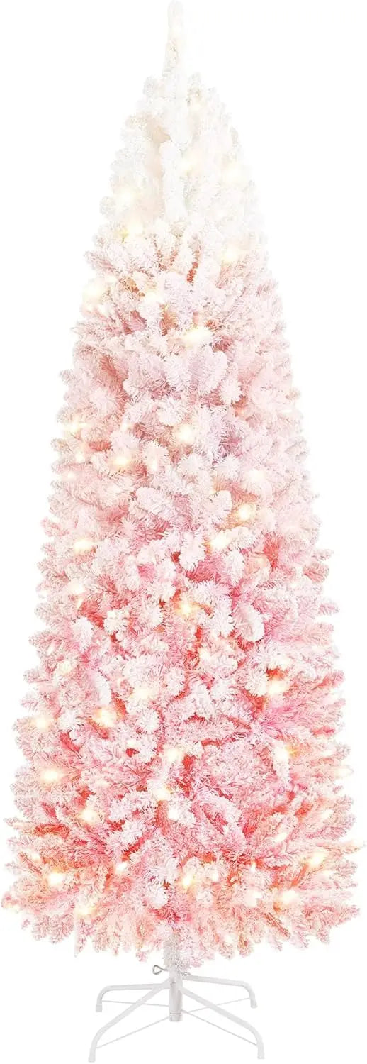 Snowflake Plush Pencil Christmas Tree with 350 Incandescent Warm White Lights, 7.5-foot Pre Installed Branches, 1086