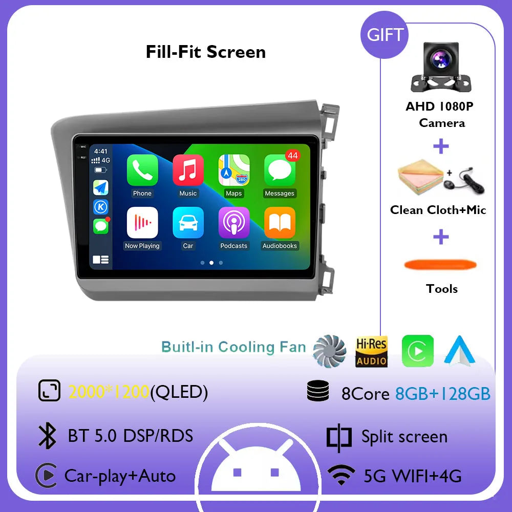 9" Android 14 Car Radio For Honda Civic RHD 2012 2013 2014 2015 Multimedia Player Carplay Auto Stereo GPS Navigation Head Unit