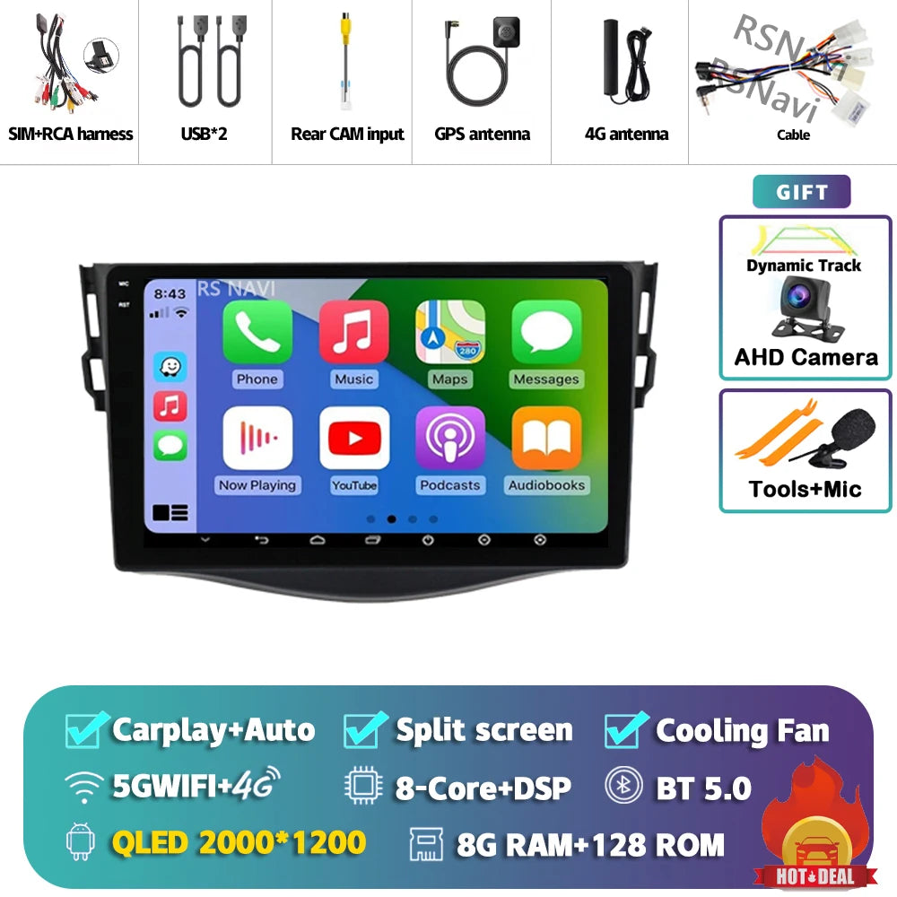 Android 14 Carplay Car Radio Multimedia For Toyota RAV4 Rav 4 2005 - 2013 navigation video DVD Autoradio Stereo 2din 4G+BT GPS