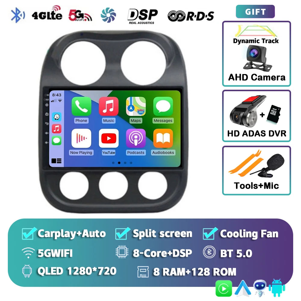 Android 14 For Jeep Compass Patriot 2010- 2016 2K QLED Android Car Radio Multimedia Video Player GPS AI Voice CarPlay Head Unit