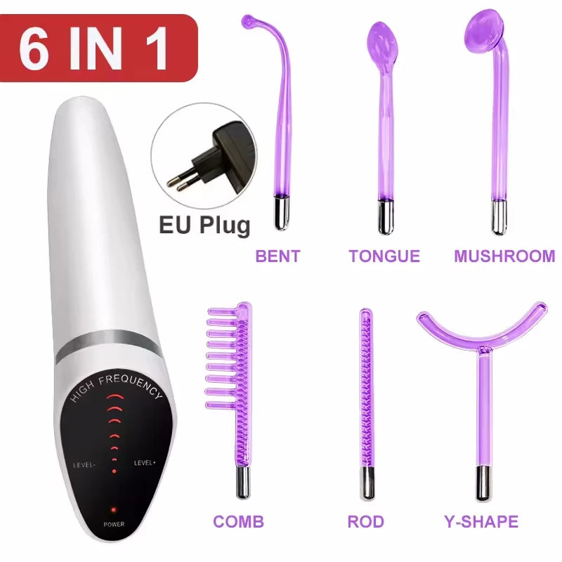 6 IN 1 High Frequency Electrode Wand w/Neon Electrotherapy Glass Tube Spot Acne Remover Skin Care Face Hair Salon Beauty Device