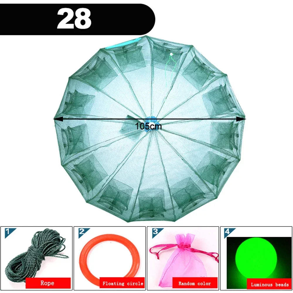 24/20/16/12/10/8/6/4 Holes Portable Fishing Net Shrimp Cage Nylon Foldable Fish Trap Folding Outdoor Automatic Collapsible