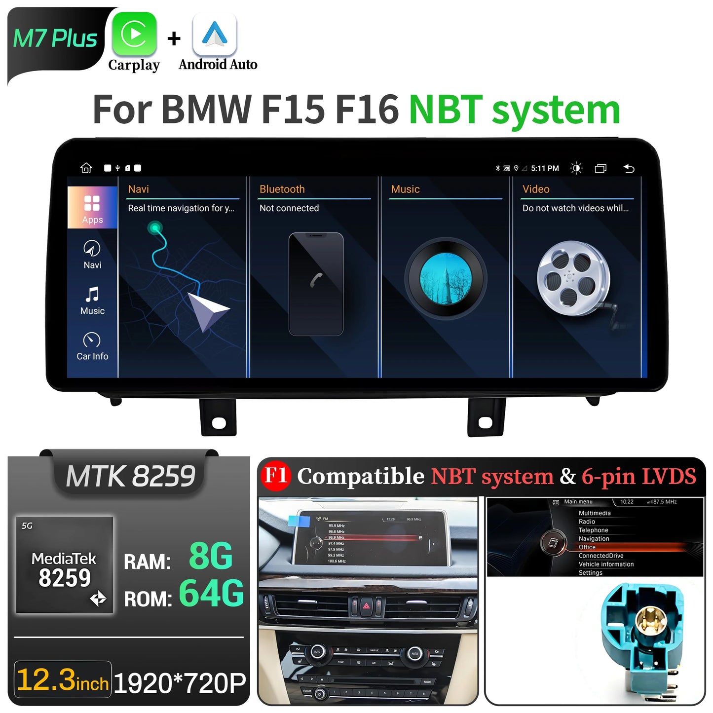12.3 inch Android 14 For BMW X5 F15 X6 F16 2014-2018 Car Radio Wireless Bluetooth Carplay Head Unit Snapdragon 680 Touch Screen
