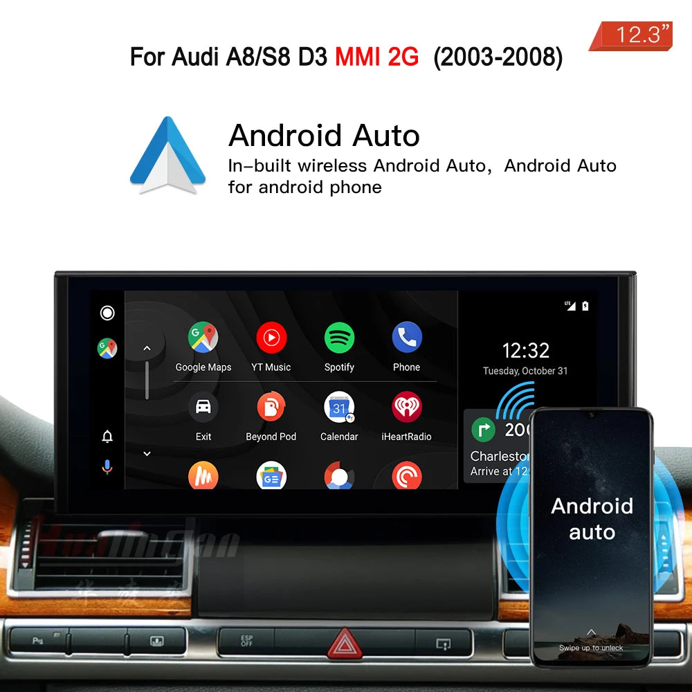 Hualingan 12.3 "car radio upgrade Android CarPlay multimedia for Audi A8 D3 original With aux retrofit touch screen Android Auto