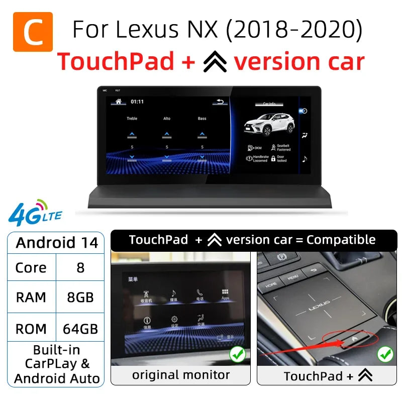 Android 14 8G 128G For Lexus NX NX200 NX200T 300h 2014-2021 Car Radio GPS Navigation Multimedia Player CarPlay Autoradio DSP