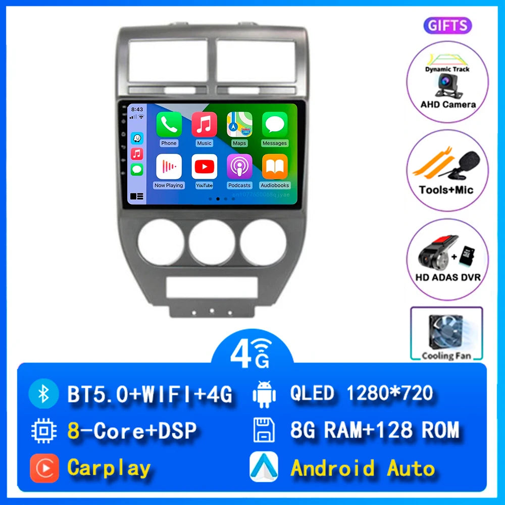 Android 14 Carplay Car Radio For Dodge Caliber Jeep Compass 1 MK Patriot 2006 - 2010 Navigation GPS Video Player wifi+4G Stereo
