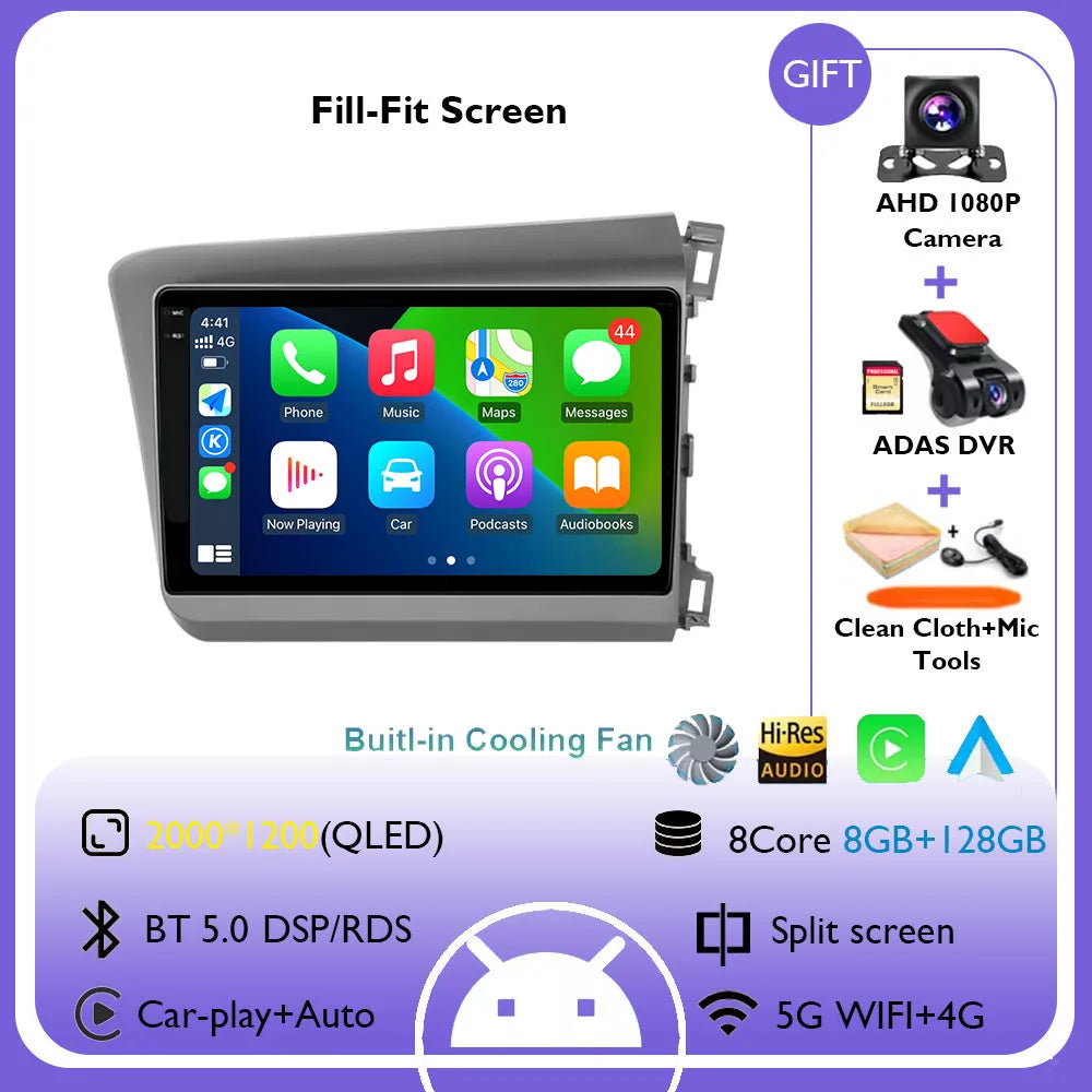 9" Android 14 Car Radio For Honda Civic RHD 2012 2013 2014 2015 Multimedia Player Carplay Auto Stereo GPS Navigation Head Unit