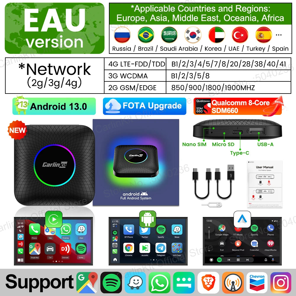 2025 NEW CarlinKit CarPlay Ai Box Qualcomm 8-Core Android 13 Wireless Carplay Android Auto Car Video TV Box WiFi SIM For Netflix