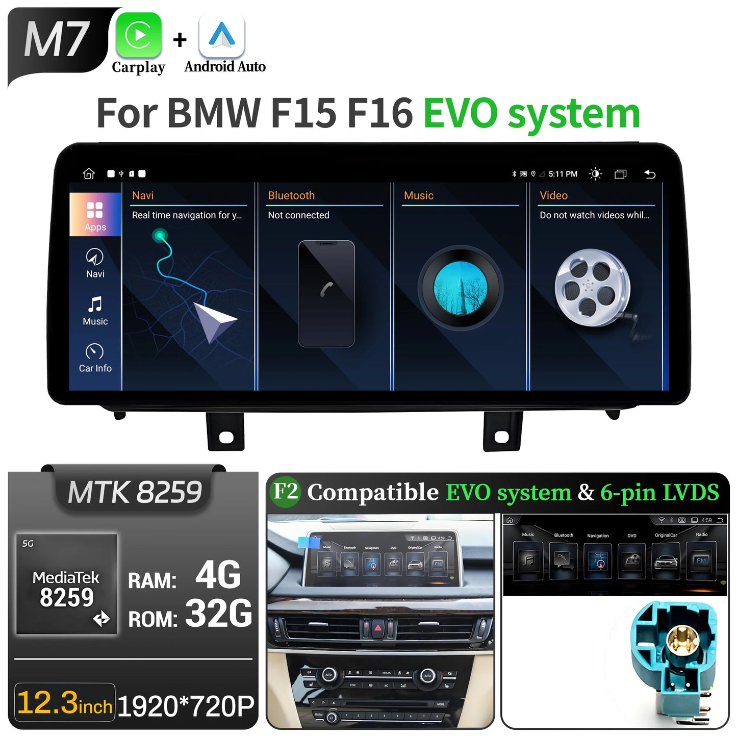 12.3 inch Android 14 For BMW X5 F15 X6 F16 2014-2018 Car Radio Wireless Bluetooth Carplay Head Unit Snapdragon 680 Touch Screen