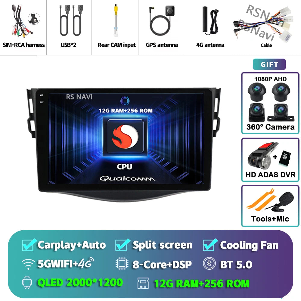 Android 14 Carplay Car Radio Multimedia For Toyota RAV4 Rav 4 2005 - 2013 navigation video DVD Autoradio Stereo 2din 4G+BT GPS
