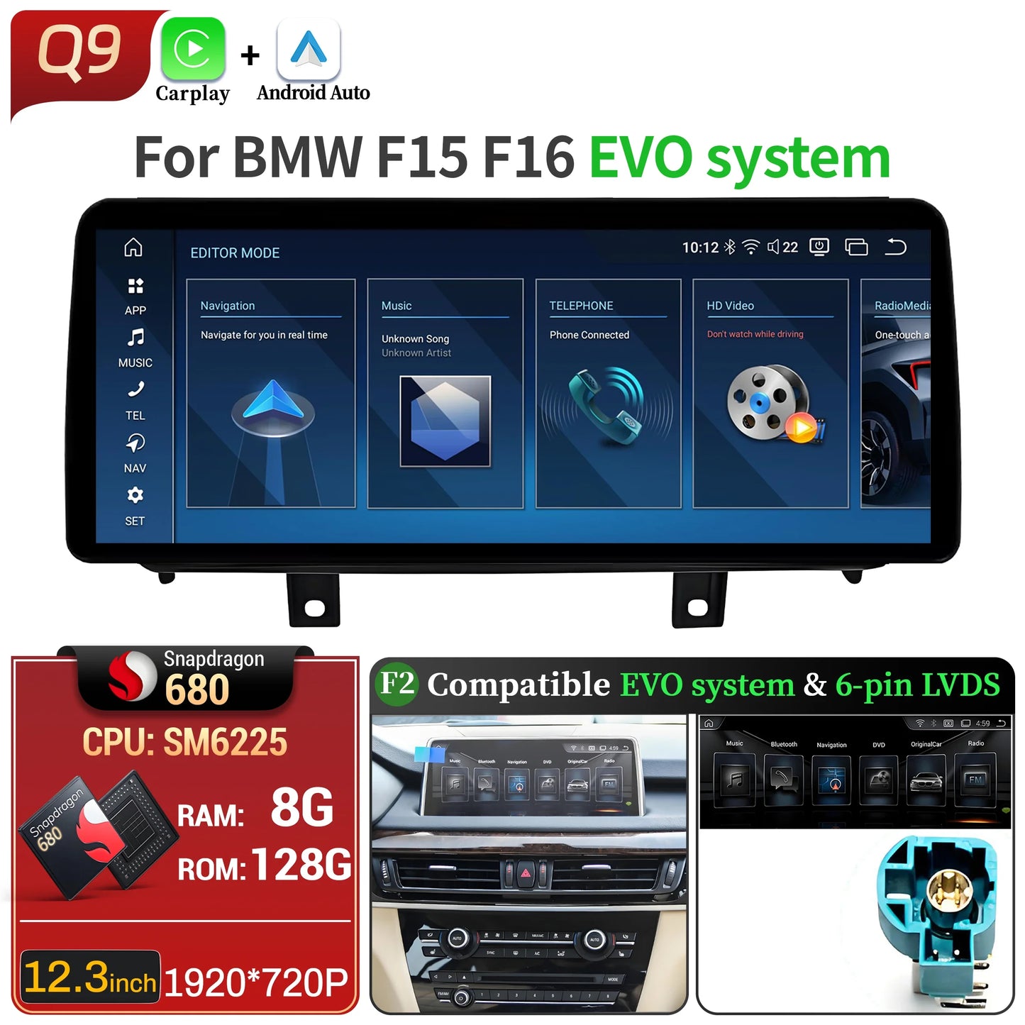 12.3 inch Android 14 For BMW X5 F15 X6 F16 2014-2018 Car Radio Wireless Bluetooth Carplay Head Unit Snapdragon 680 Touch Screen