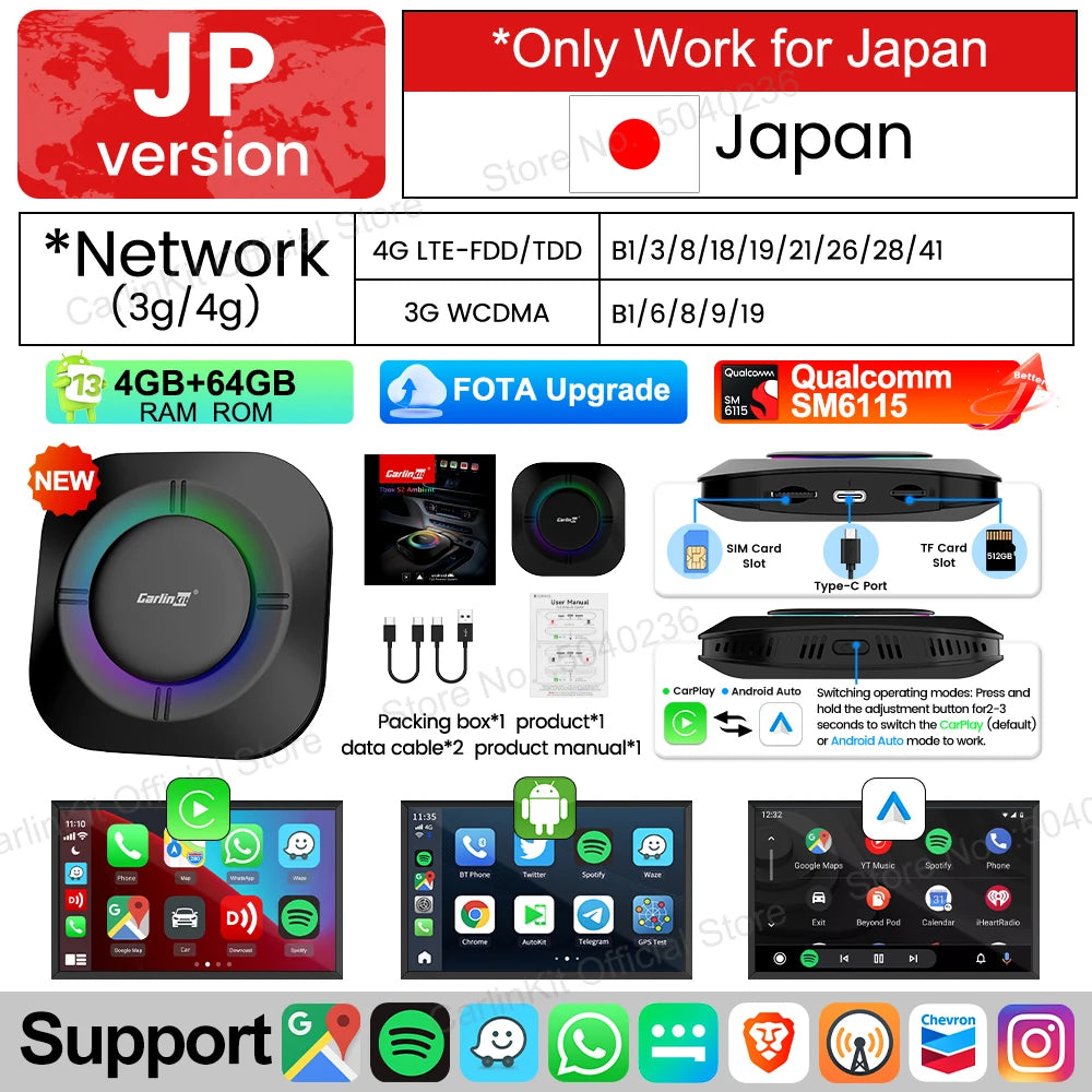 CarlinKit S2 CarPlay Ai Box LED Android 13 Streaming Box 64G/128G Qualcomm 8-Core Split Screen Car Intelligent System Play Video