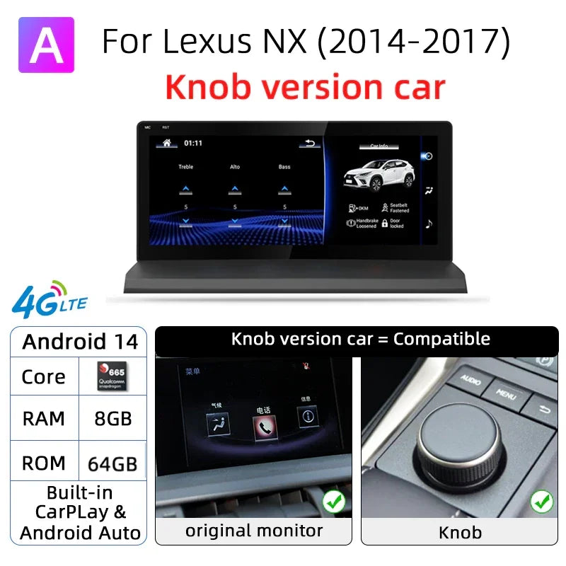 Android 14 8G 128G For Lexus NX NX200 NX200T 300h 2014-2021 Car Radio GPS Navigation Multimedia Player CarPlay Autoradio DSP