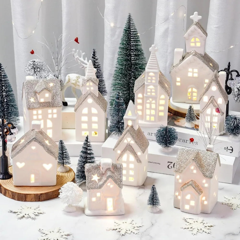 28 Piece Ceramic Christmas Village Set, 9 White Christmas Houses, 17 Snow Trees, 2 Retro Christmas Decorations with Lights