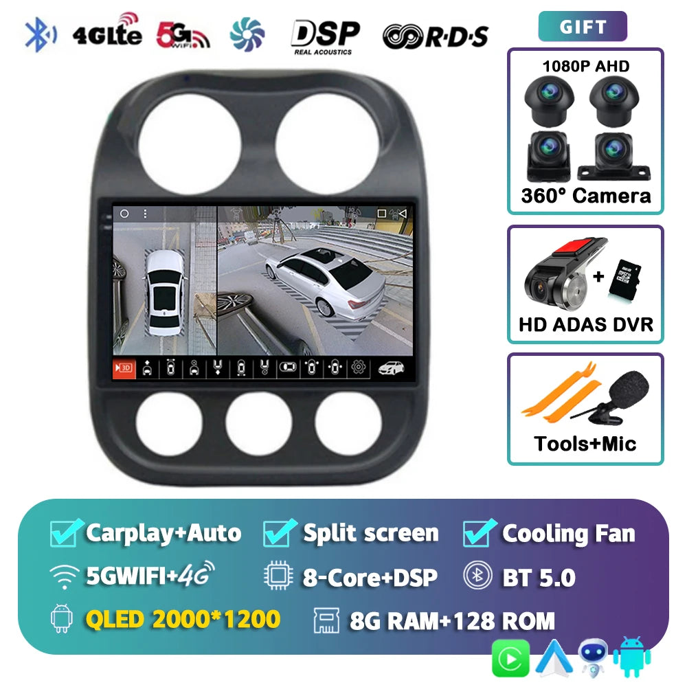 Android 14 For Jeep Compass Patriot 2010- 2016 2K QLED Android Car Radio Multimedia Video Player GPS AI Voice CarPlay Head Unit