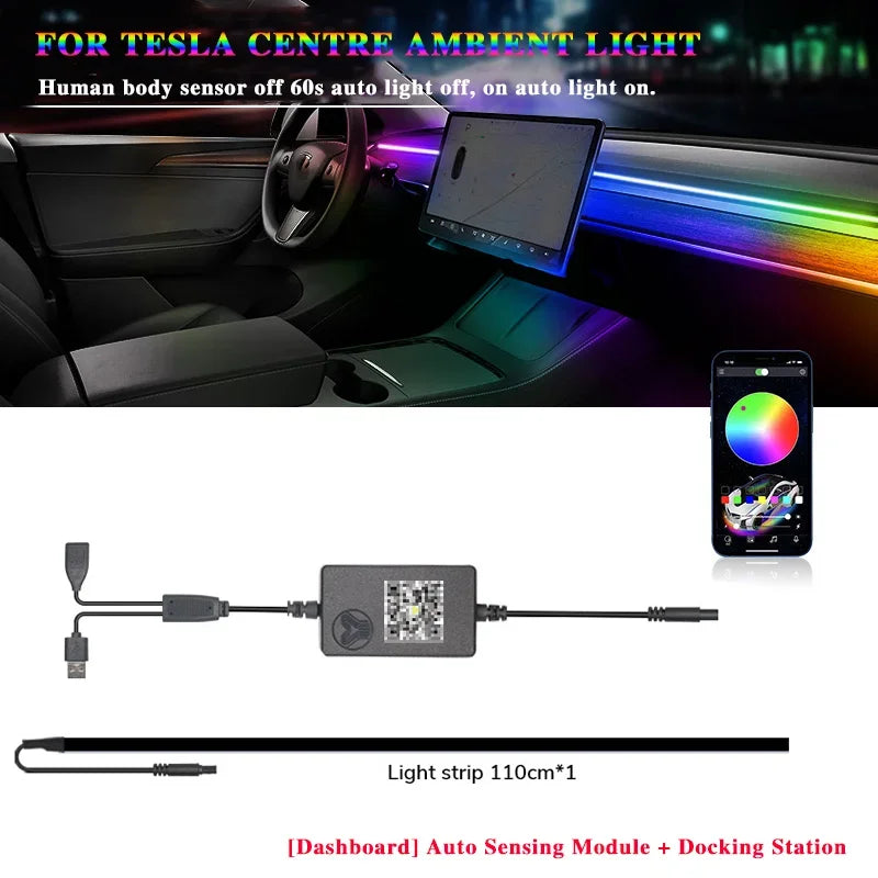 For Tesla Model 3 Y RGB Center Console Dashboard Wireless Charging Neon LED Light Strip Musical Rhythm USB Power APP Control