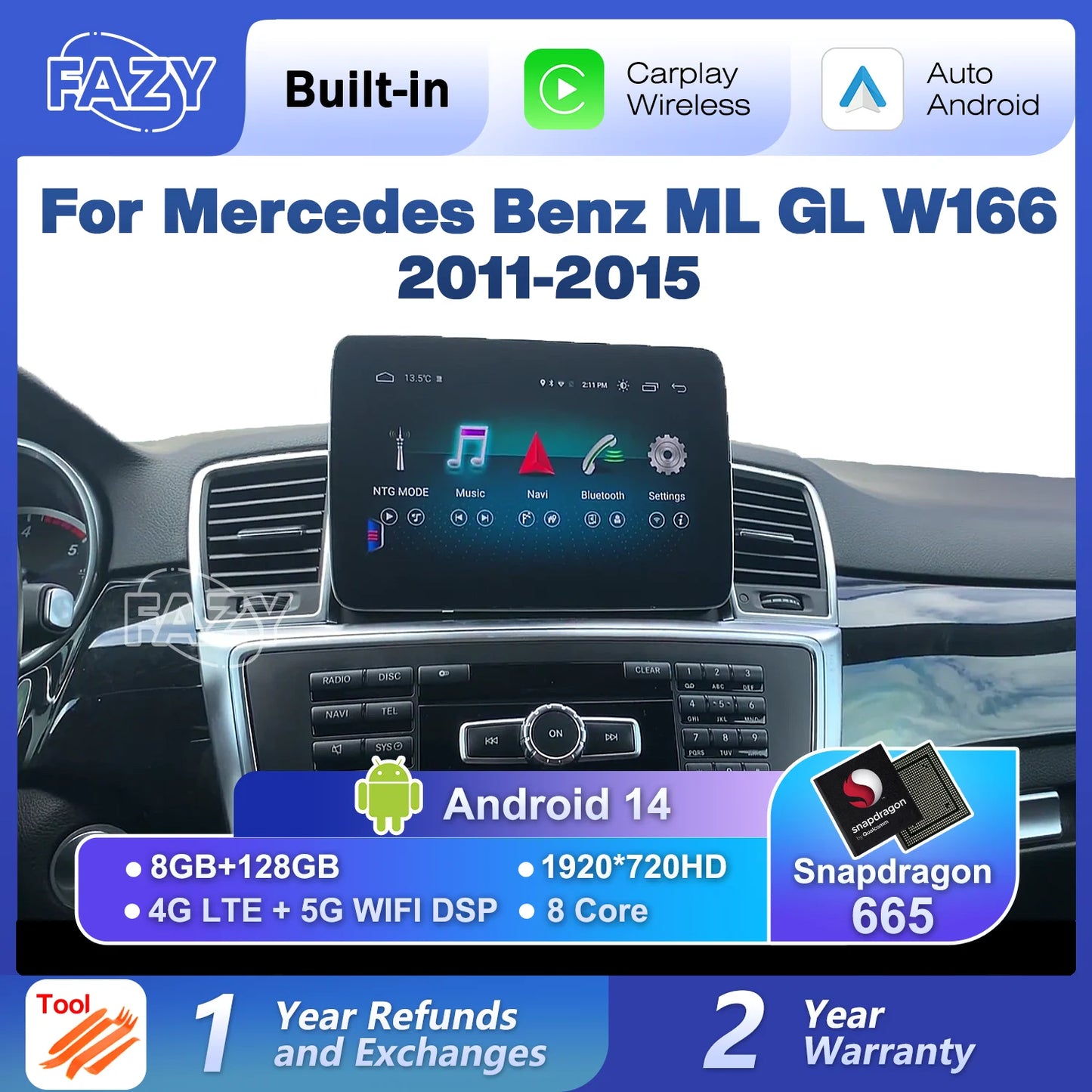 Android 14 Auto Carplay Touch Screen For Mercedes Benz ML GL W166 X166 2011-2015 Car Video Radio GPS Navigation Stereo 4G WIFI