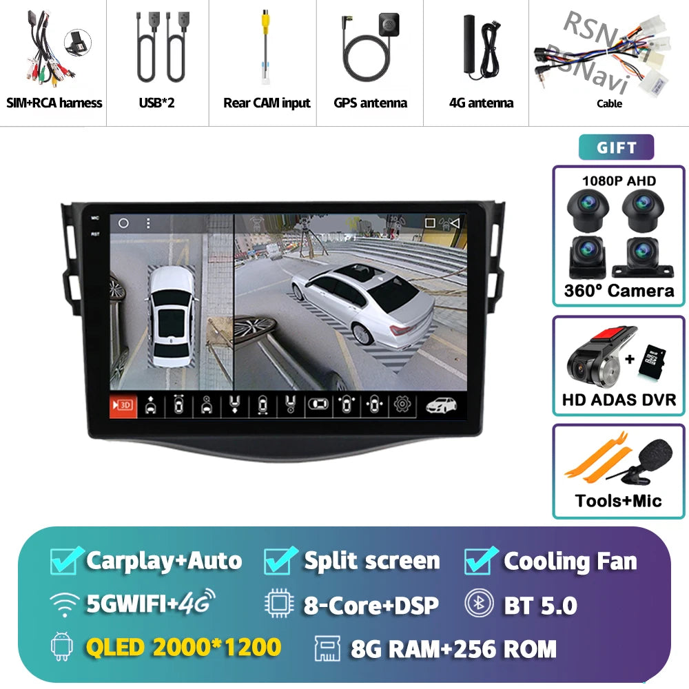 Android 14 Carplay Car Radio Multimedia For Toyota RAV4 Rav 4 2005 - 2013 navigation video DVD Autoradio Stereo 2din 4G+BT GPS