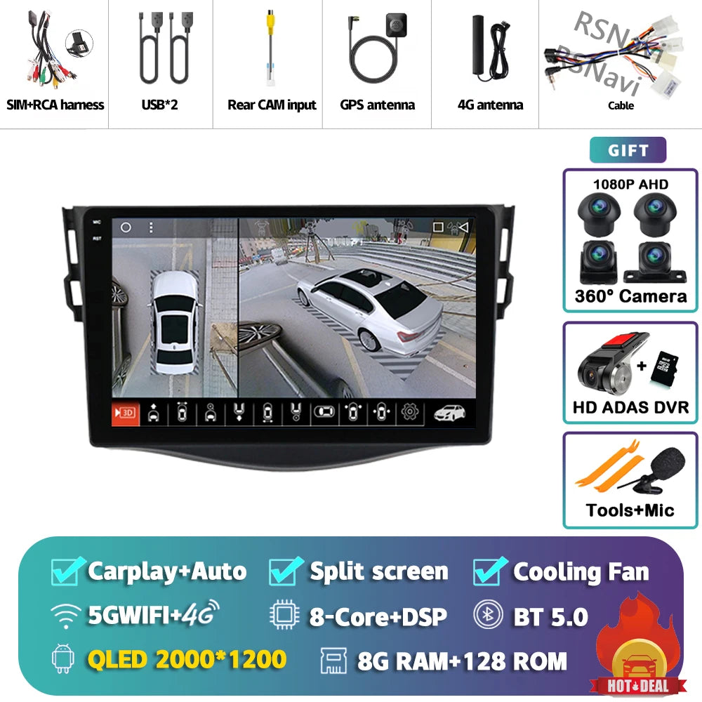 Android 14 Carplay Car Radio Multimedia For Toyota RAV4 Rav 4 2005 - 2013 navigation video DVD Autoradio Stereo 2din 4G+BT GPS