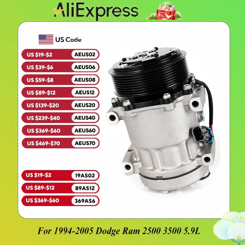 A/C Air Conditioner Compressor + Clutch Kit Fits Durable For 1994-2005 Dodge Ram 2500 3500 5.9L 55036561 OEM CO 4775C