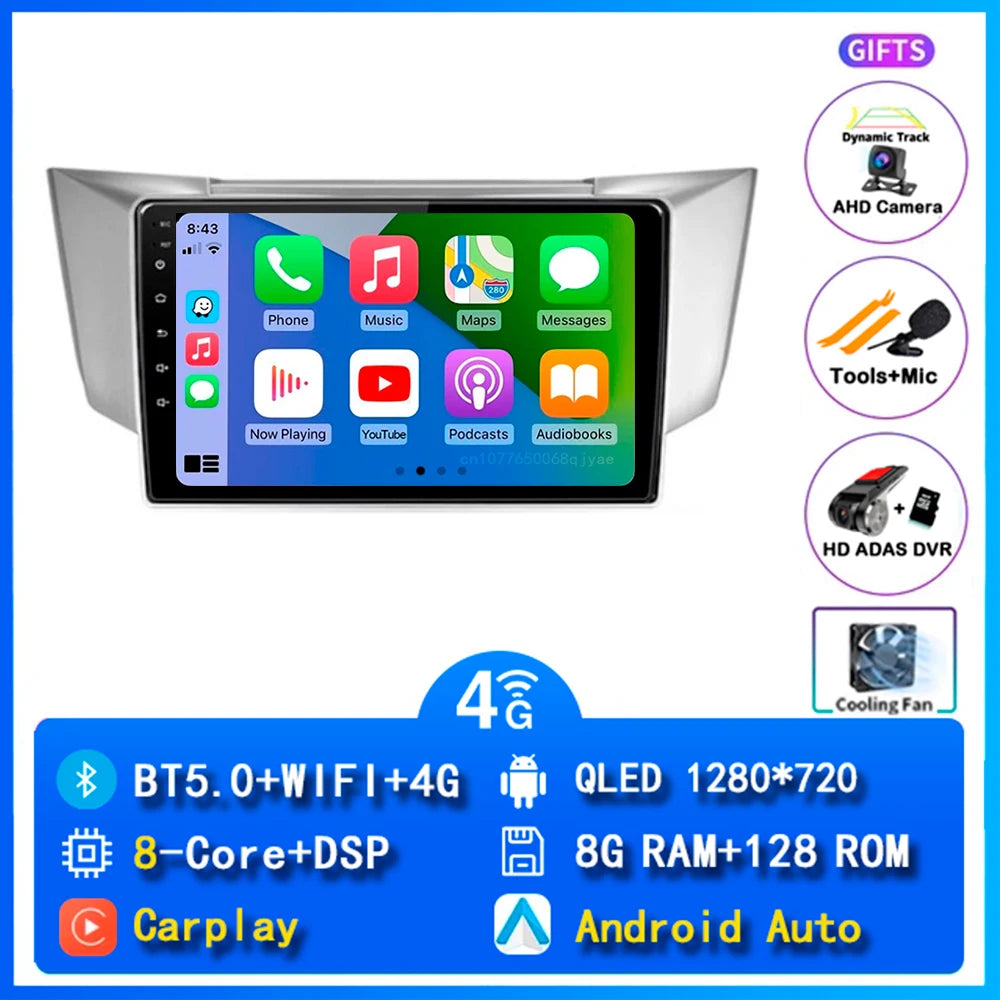 Android 14 wifi+4G Carplay AUTO Car Radio For Lexus RX300 RX330 RX350 RX400H 2003 -2009 Navigation GPS Player Stereo Multimedia