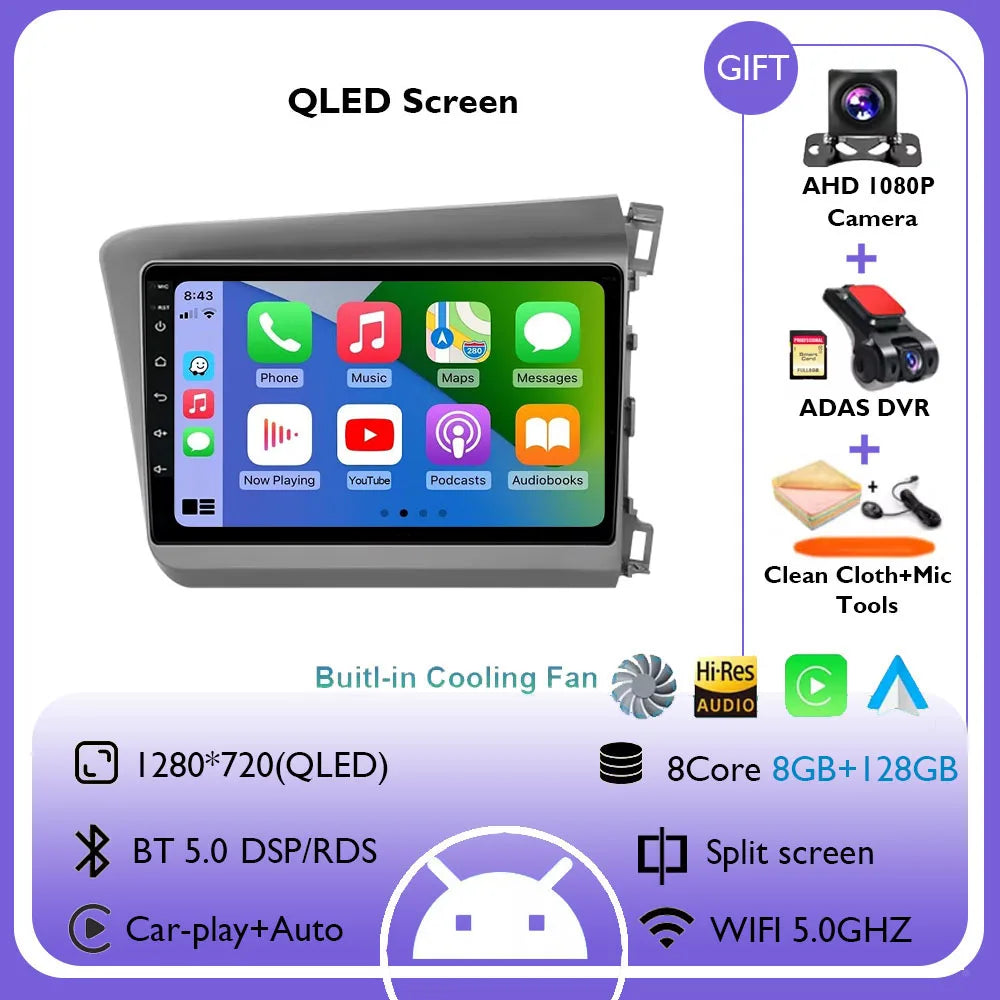 9" Android 14 Car Radio For Honda Civic RHD 2012 2013 2014 2015 Multimedia Player Carplay Auto Stereo GPS Navigation Head Unit