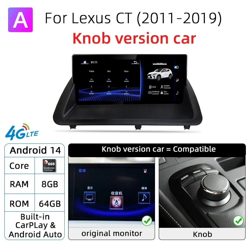 Nunoo Android 14 Car Radio CarPlay Screen For Lexus CT CT200 CT200h 2012-2020 GPS Navigation Snapdragon 8+128G Multimedia Player