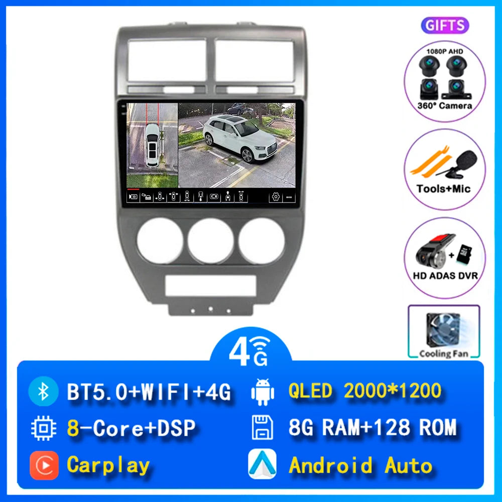 Android 14 Carplay Car Radio For Dodge Caliber Jeep Compass 1 MK Patriot 2006 - 2010 Navigation GPS Video Player wifi+4G Stereo