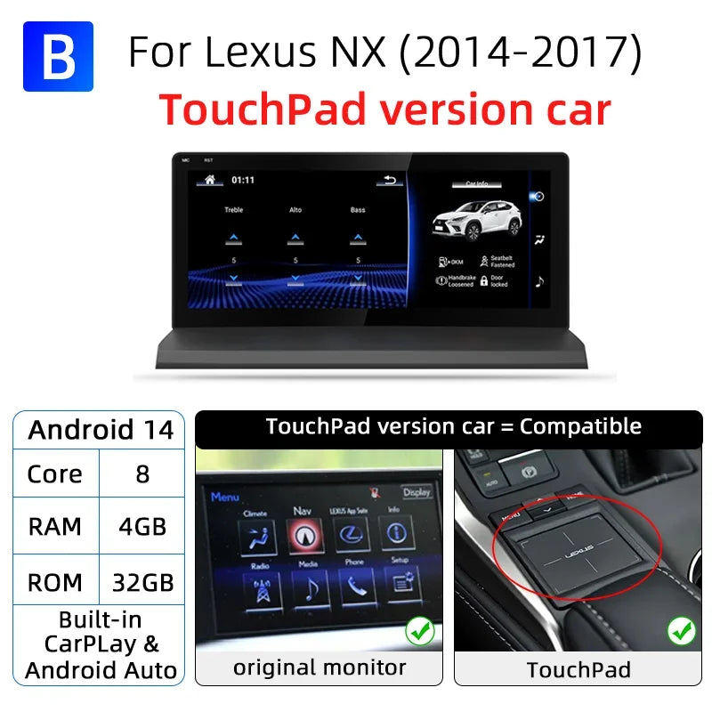 Android 14 8G 128G For Lexus NX NX200 NX200T 300h 2014-2021 Car Radio GPS Navigation Multimedia Player CarPlay Autoradio DSP