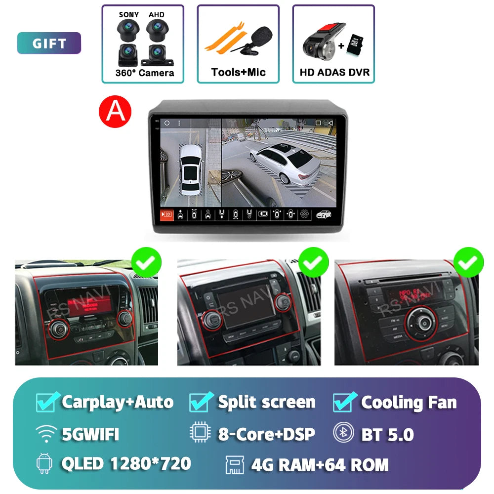Android 14 Car Radio Carplay Auto GPS Navigation Multimedia Player For Fiat Ducato 2007 - 2015 video Stereo DVD 2 DIN Wifi+4G BT