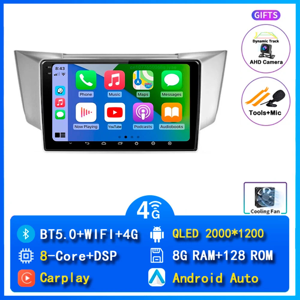 Android 14 wifi+4G Carplay AUTO Car Radio For Lexus RX300 RX330 RX350 RX400H 2003 -2009 Navigation GPS Player Stereo Multimedia