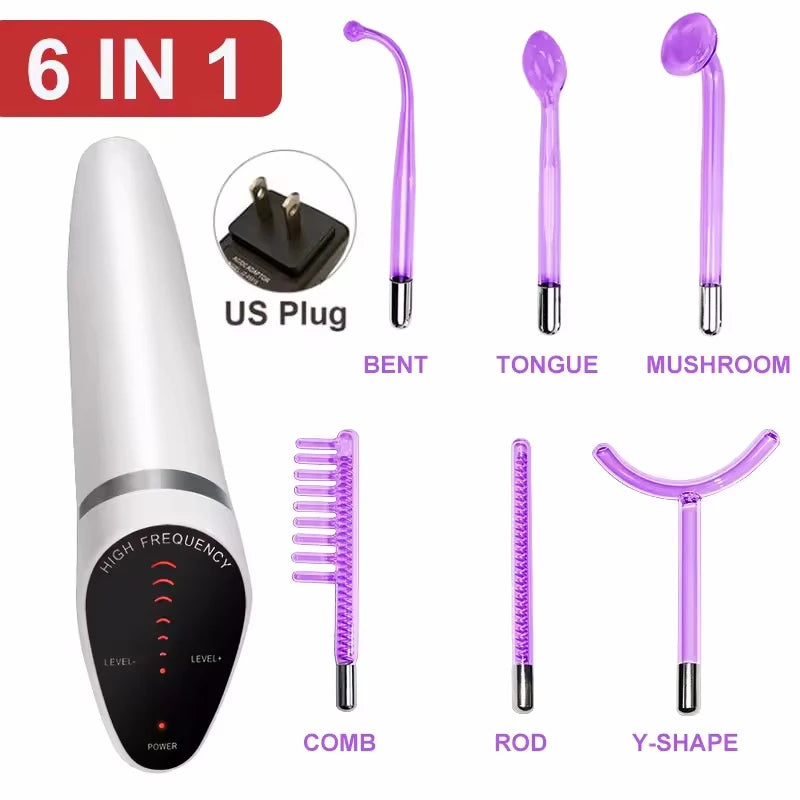 6 IN 1 High Frequency Electrode Wand w/Neon Electrotherapy Glass Tube Spot Acne Remover Skin Care Face Hair Salon Beauty Device