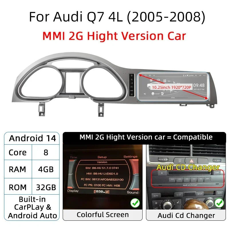For Audi Q7 4L 2005-2015 MMI Android 14 Wireless CarPlay GPS Car Intelligent Multimedia Player Navigation Auto Radio Stereo DSP