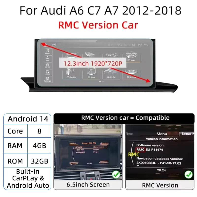 For Audi A6 A7 C7 Android 14 Car Radio Multimedia mp3 Player IPS Carplay Screen Stereo 4G GPS Navigation WIFI Head Unit