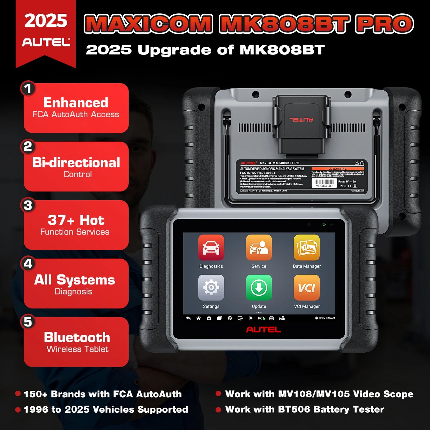 Autel MaxiCOM MK808BT Pro OBD2 Scanner 2025 Newest Car Diagnostic Tool Auto IMMO/EPB/SAS/BMS/TPMS/DPF Upgraded MK808BT MK900BT