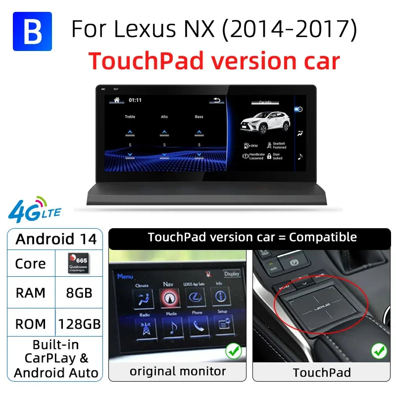 Nunoo Android 14 CarPlay Auto Radio For Lexus NX NX200 NX200T NX300h 2014-2021 Multimedia Navigation GPS DSP 4G WiFi