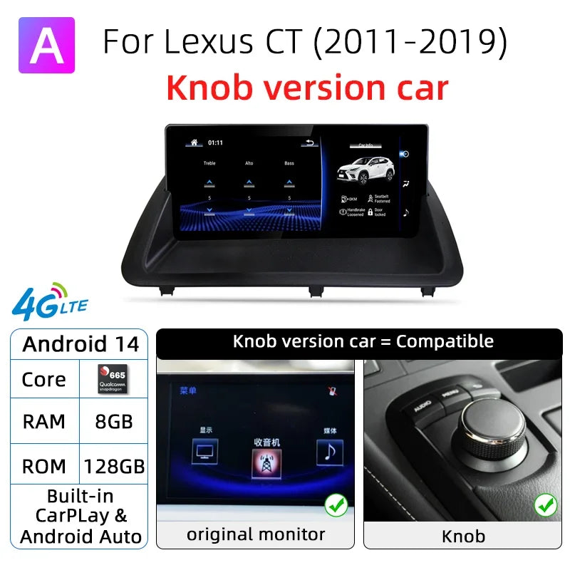 Nunoo Android 14 Car Radio CarPlay Screen For Lexus CT CT200 CT200h 2012-2020 GPS Navigation Snapdragon 8+128G Multimedia Player