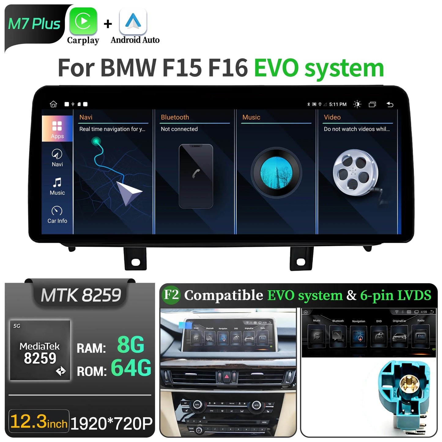 12.3 inch Android 14 For BMW X5 F15 X6 F16 2014-2018 Car Radio Wireless Bluetooth Carplay Head Unit Snapdragon 680 Touch Screen
