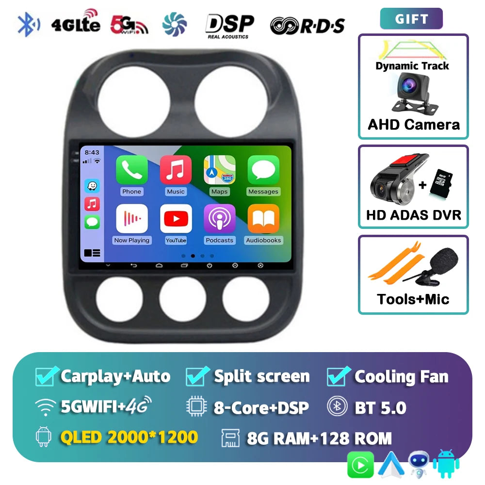 Android 14 For Jeep Compass Patriot 2010- 2016 2K QLED Android Car Radio Multimedia Video Player GPS AI Voice CarPlay Head Unit