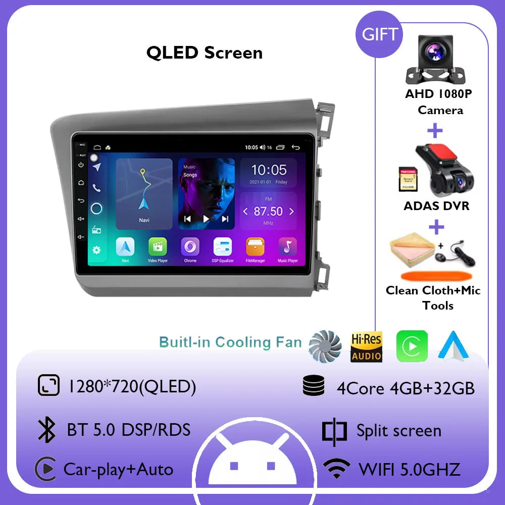 9" Android 14 Car Radio For Honda Civic RHD 2012 2013 2014 2015 Multimedia Player Carplay Auto Stereo GPS Navigation Head Unit