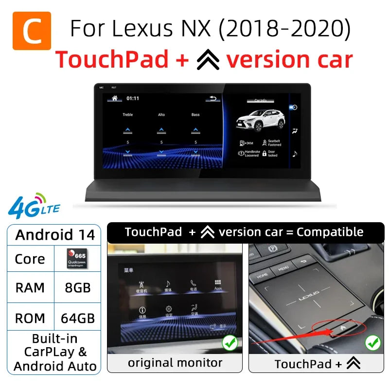 Nunoo Android 14 CarPlay Auto Radio For Lexus NX NX200 NX200T NX300h 2014-2021 Multimedia Navigation GPS DSP 4G WiFi