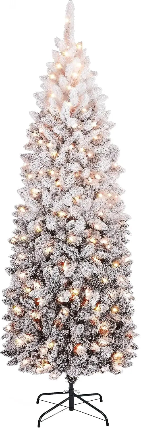 Snowflake Plush Pencil Christmas Tree with 350 Incandescent Warm White Lights, 7.5-foot Pre Installed Branches, 1086