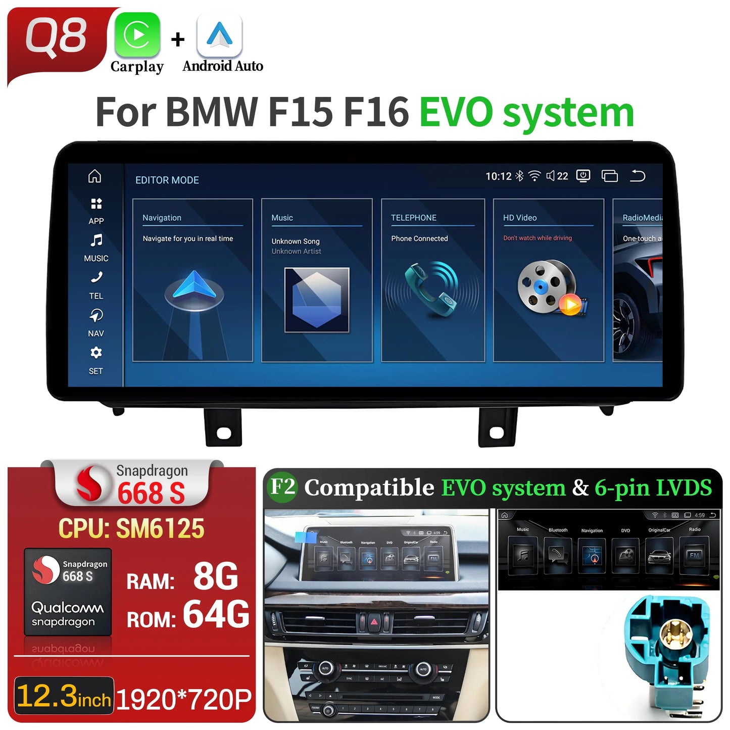 12.3 inch Android 14 For BMW X5 F15 X6 F16 2014-2018 Car Radio Wireless Bluetooth Carplay Head Unit Snapdragon 680 Touch Screen