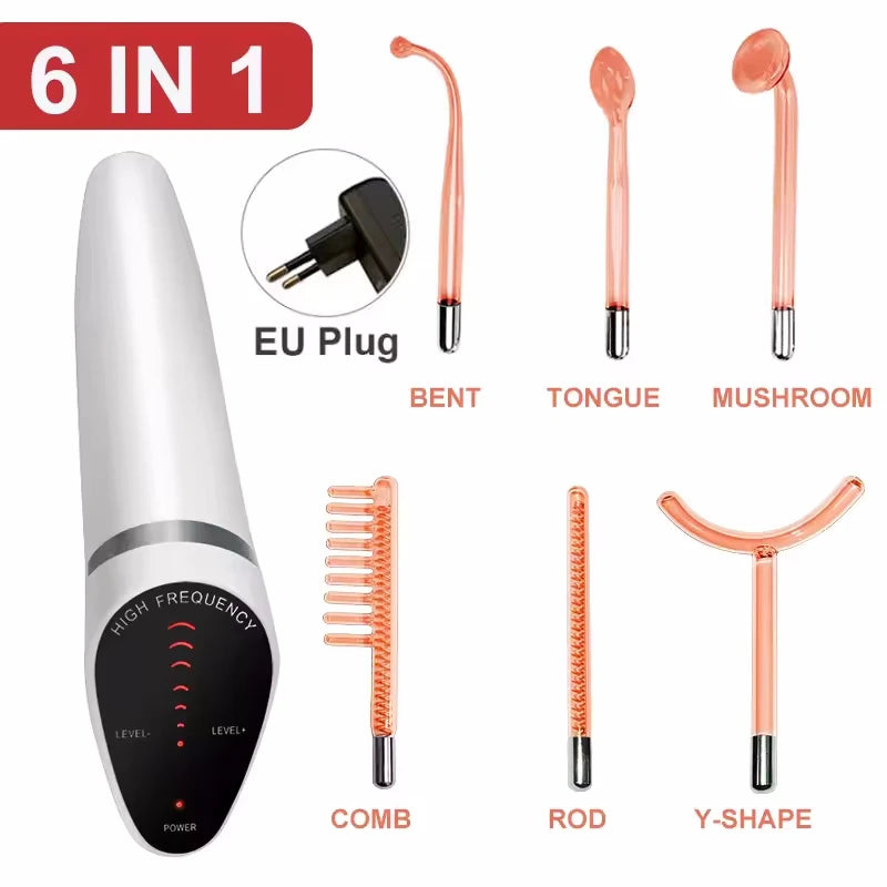 6 IN 1 High Frequency Electrode Wand w/Neon Electrotherapy Glass Tube Spot Acne Remover Skin Care Face Hair Salon Beauty Device