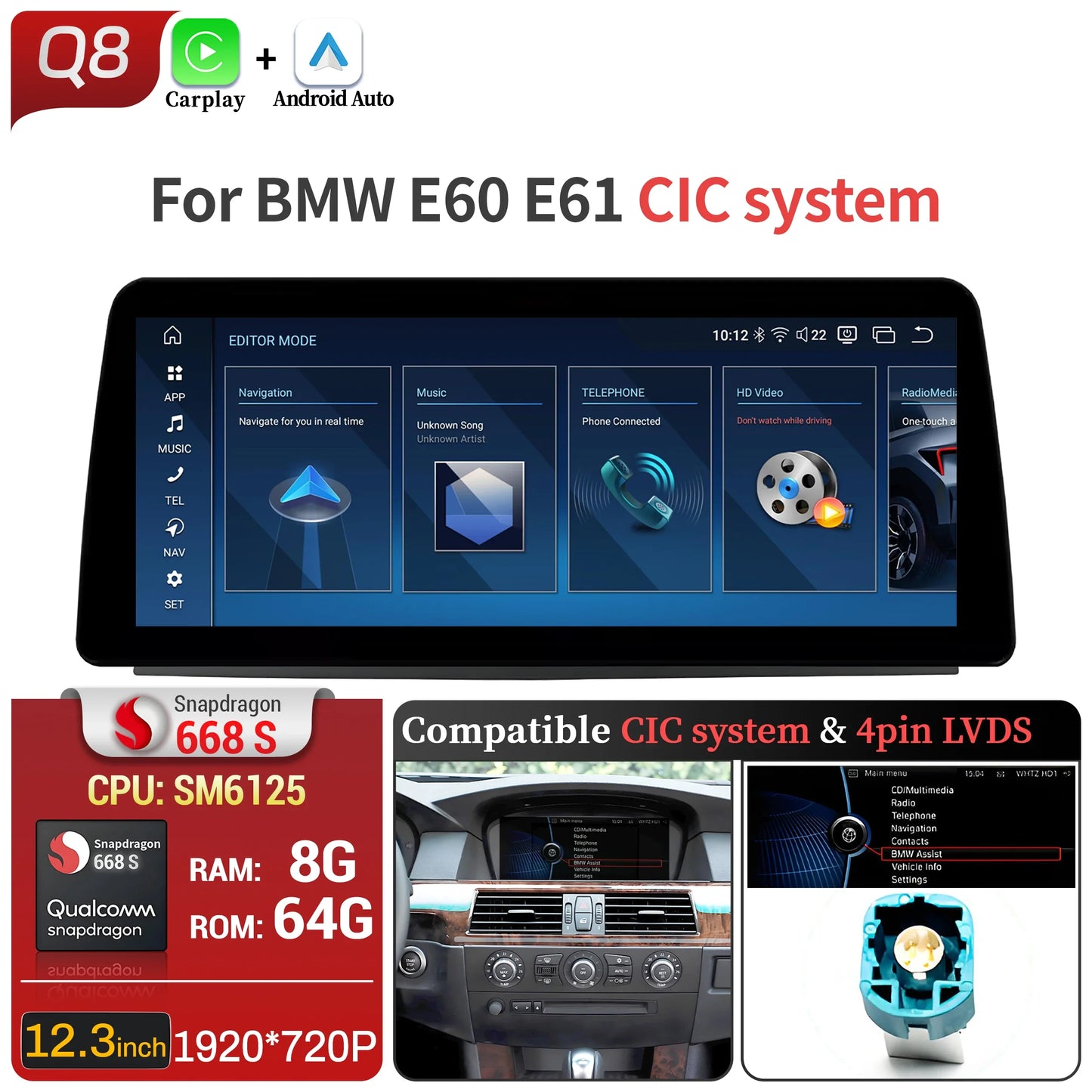12.3 inch Android 14 For BMW 5 Series E60 E61 2005-2010 Car Radio 4G Wireless BT Carplay Snapdragon 680 Touch Head Unit Screen