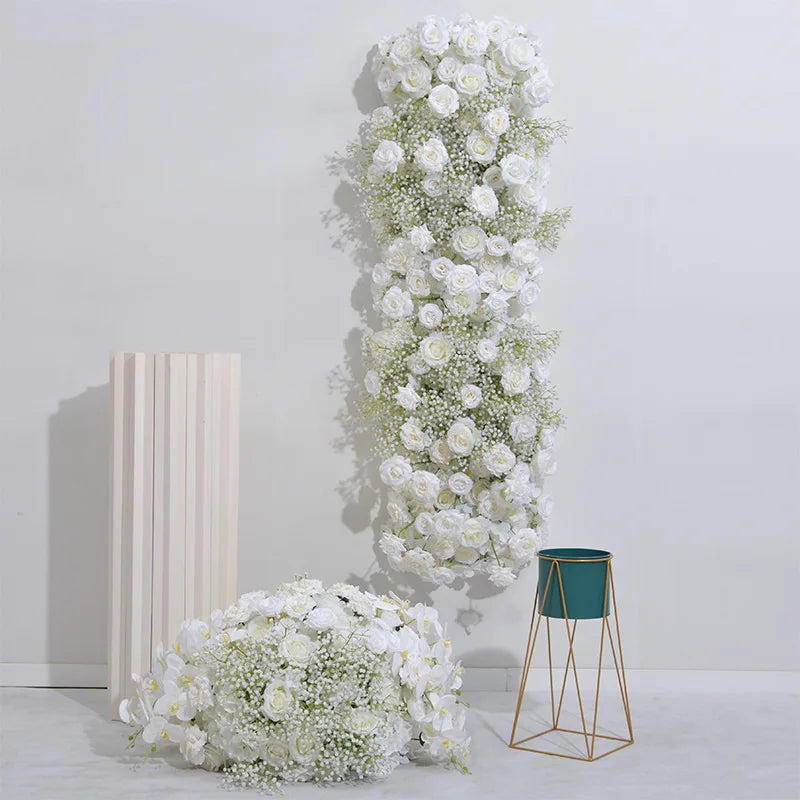 Uflower White Rose Gypsophila Artificial Flower Row Arrangement Wedding Table Centerpieces Floral Ball Window Display Party Prop