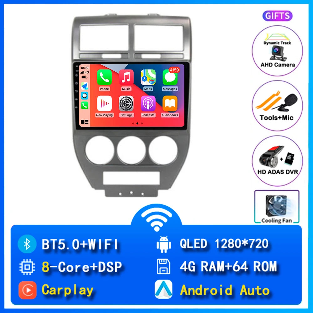 Android 14 Carplay Car Radio For Dodge Caliber Jeep Compass 1 MK Patriot 2006 - 2010 Navigation GPS Video Player wifi+4G Stereo