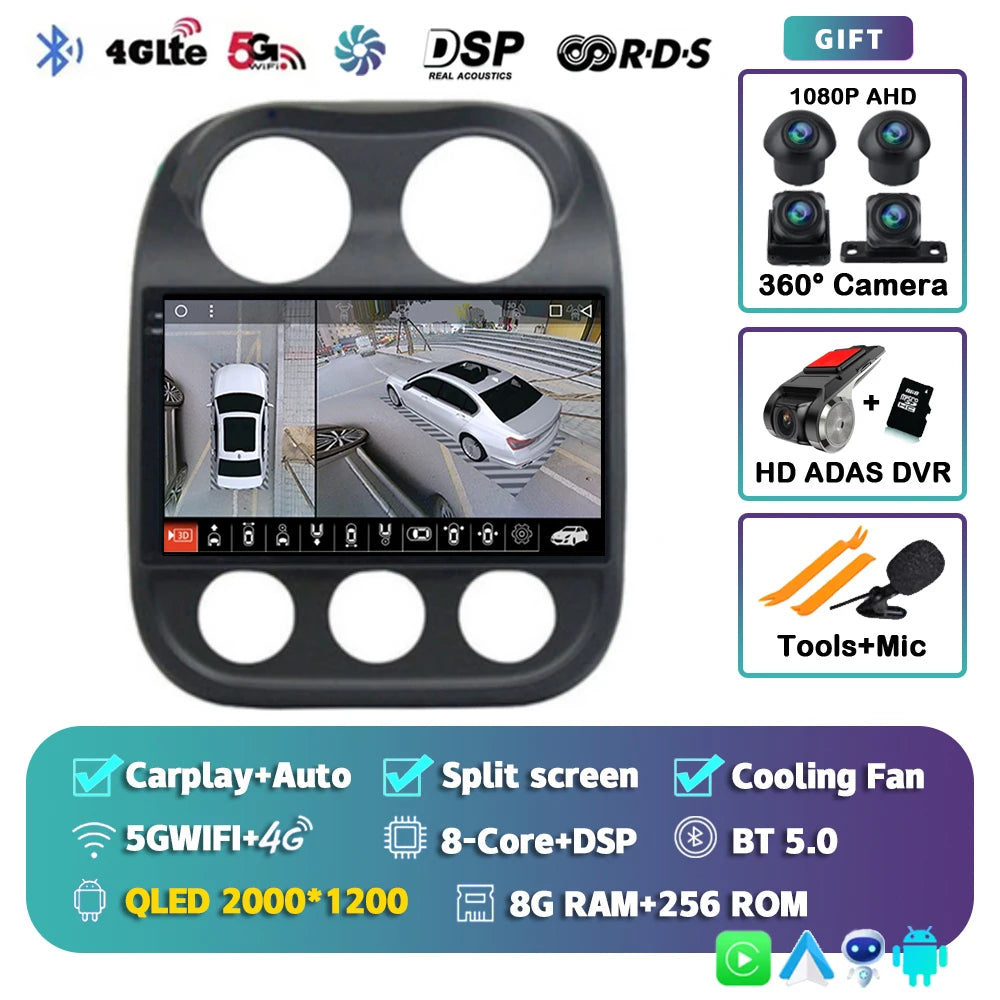 Android 14 For Jeep Compass Patriot 2010- 2016 2K QLED Android Car Radio Multimedia Video Player GPS AI Voice CarPlay Head Unit